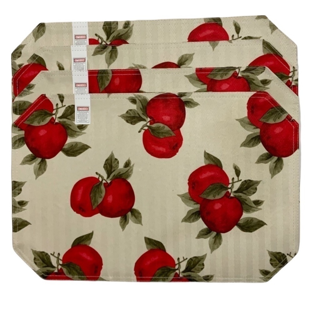 Apple Printed Linen Fabric Placemats Reversible 18” X 12” Cream Red 4 Piece Set - Picture 2 of 12